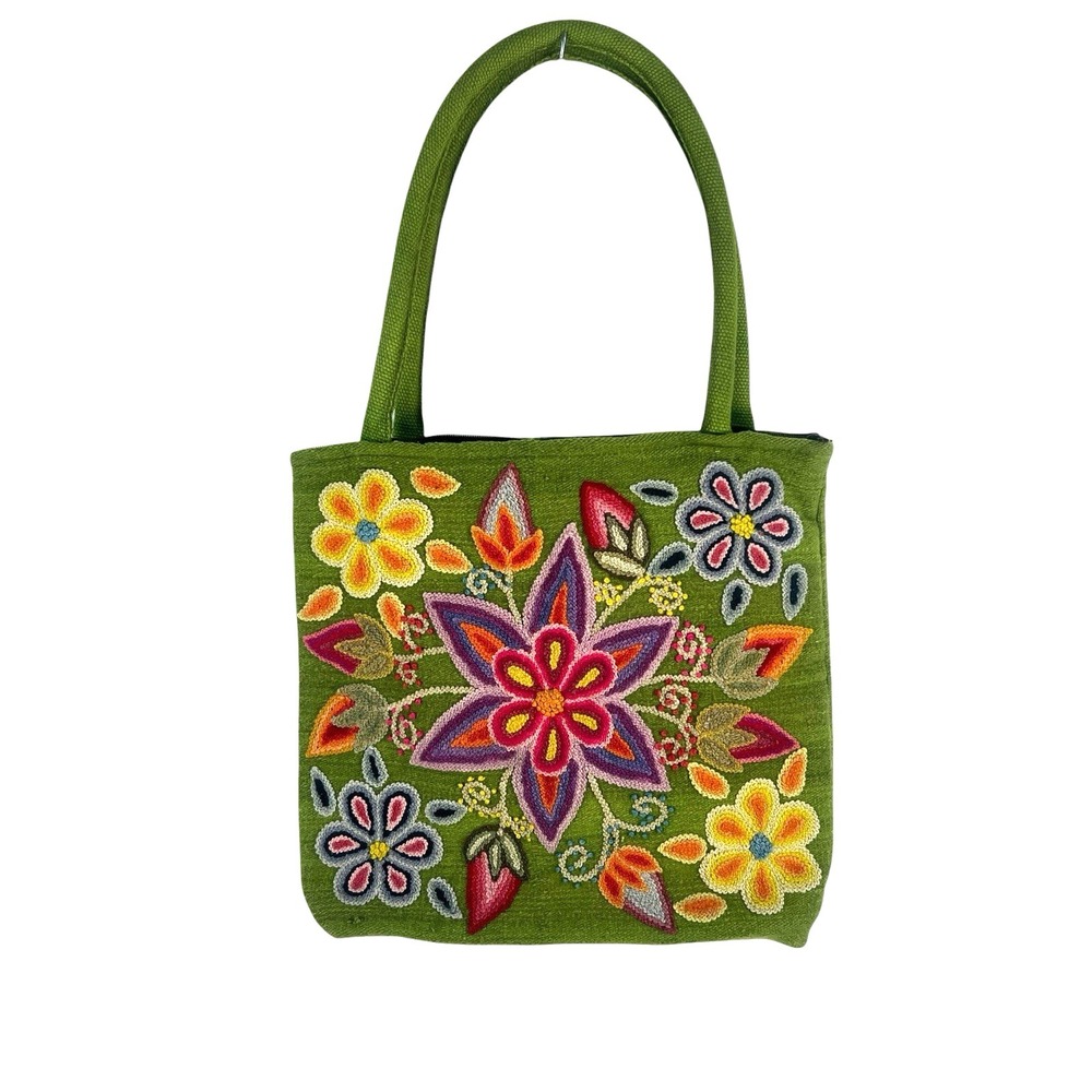 handmade Peruvian floral embroidered woven wool tote lime greenb 13x14 - Picture 10 of 12